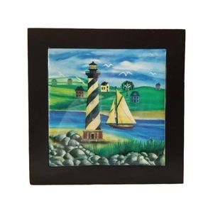 Primitive Lighthouse Tile Trivet in Wood Frame 2004 Nautical Home Decor